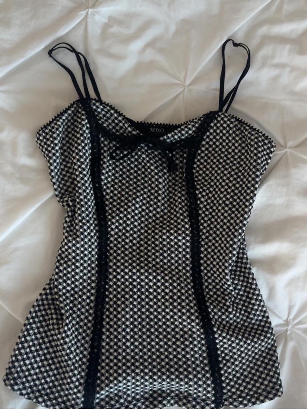 XOXO Vintage Black & White Checked Lace-Trim Spaghetti-Strap Camisole